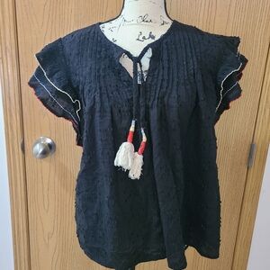 Acos & A embroidered ruffle sleeve tassel boho textured top